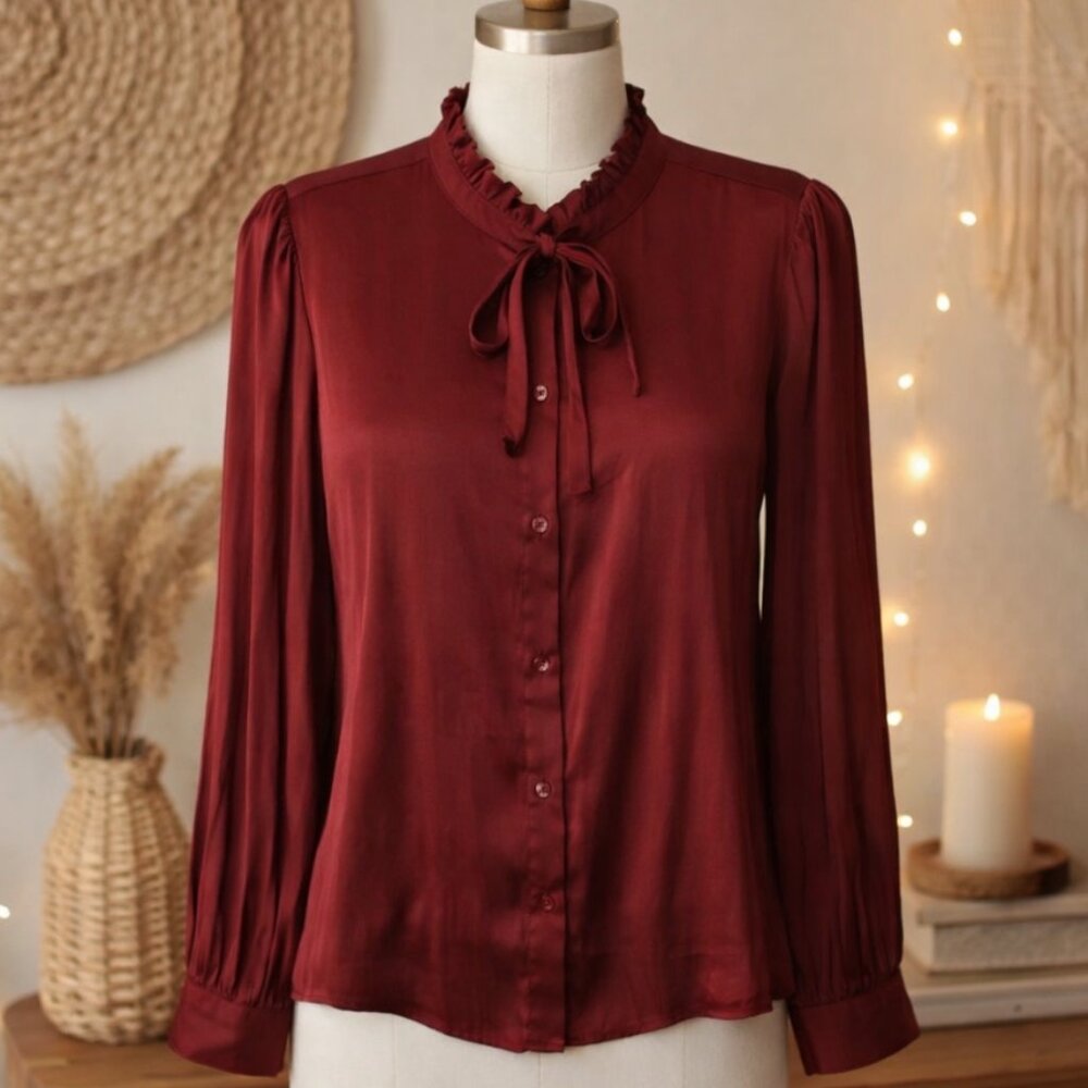 Ann Taylor Factory Burgundy Satin Ruffle Blouse M Romantic Quiet Luxury Feminine